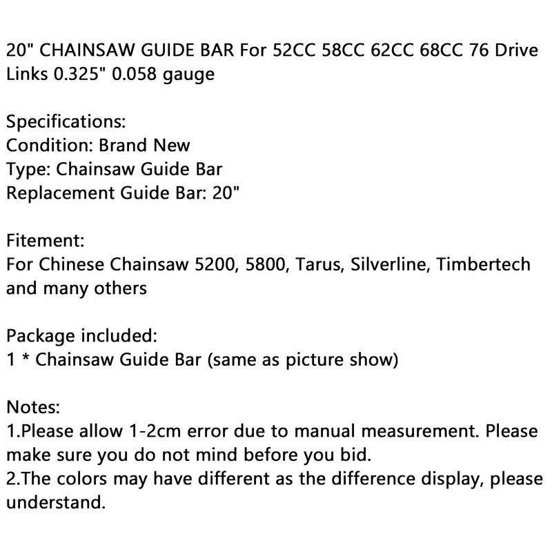 20" Chainsaw Guide Bar Für 52Cc 58Cc 62Cc 68Cc 76 Drive Links 0.325" 0.058G