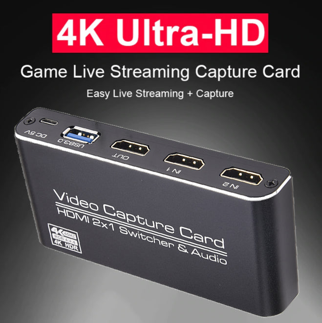 USB3.0 två-i-ett videoinspelningskort HDMI 2X1 switcher & ljudslinga HDMI 4Kp60 & MIC + ljud