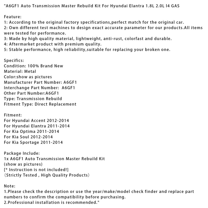 2011–2014 Hyundai Elantra A6GF1 Master-Reparatursatz für Automatikgetriebe