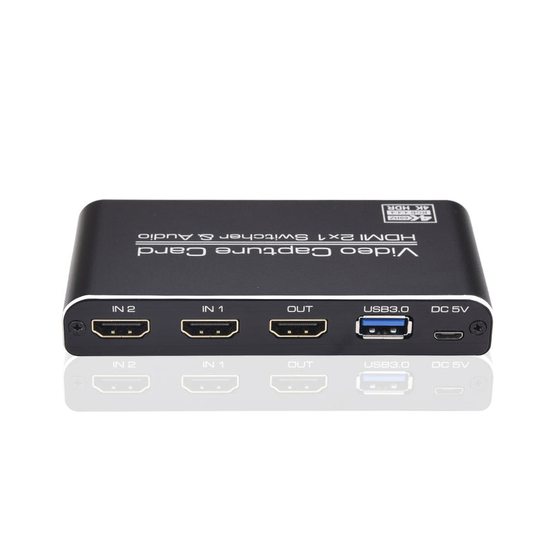 USB3.0 två-i-ett videoinspelningskort HDMI 2X1 switcher & ljudslinga HDMI 4Kp60 & MIC + ljud