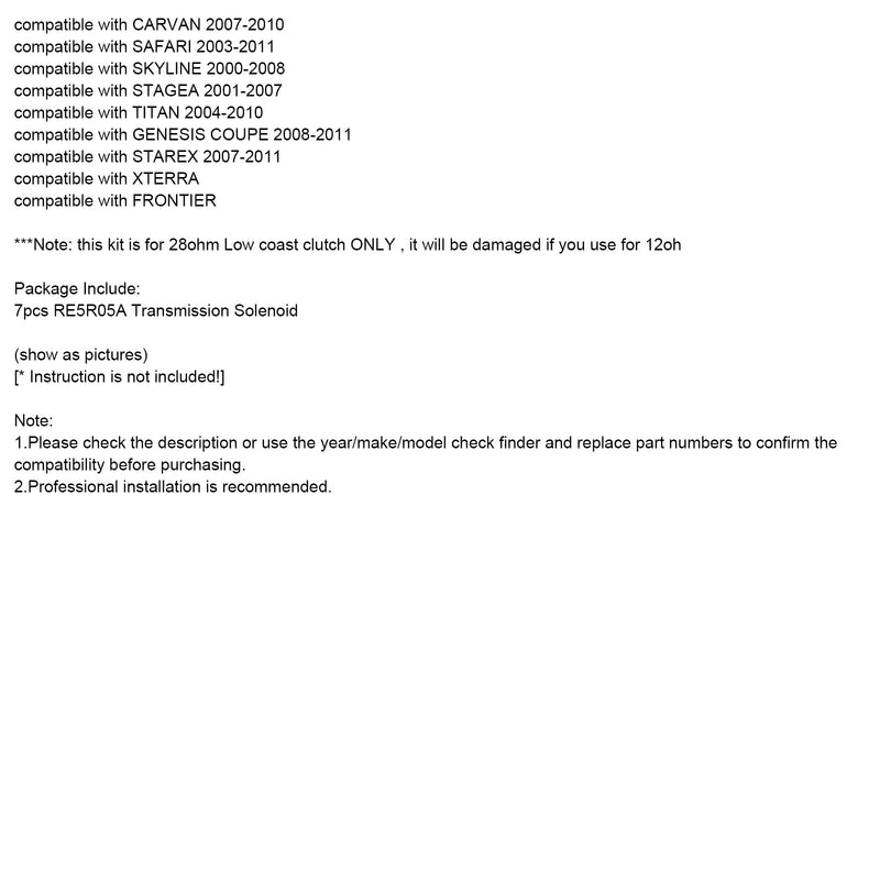 2004-2011 Nissan Armada, 7 kpl. RE5R05A Vaihteiston solenoidikytkin 63431A-U