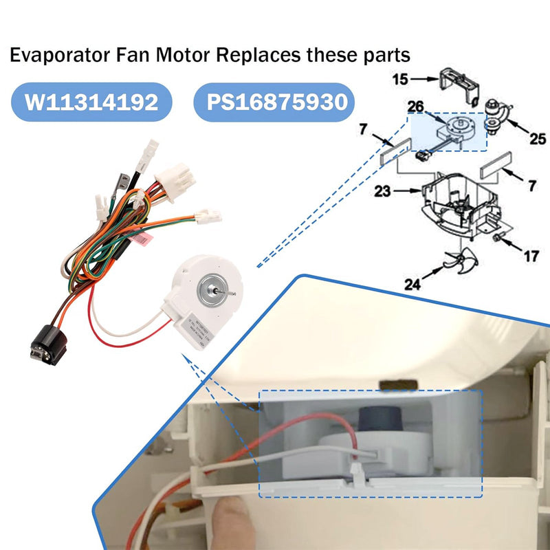 W11661931  W11314192 Silnik wentylatora parownika lodówki Maytag PS16875930