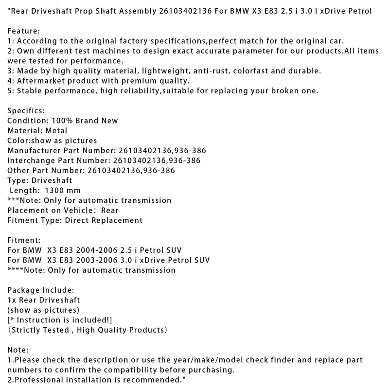 2004–2006 BMW X3 E83 2.5 i Benzin SUV Hintere Antriebswelle Kardanwelle 26103402136
