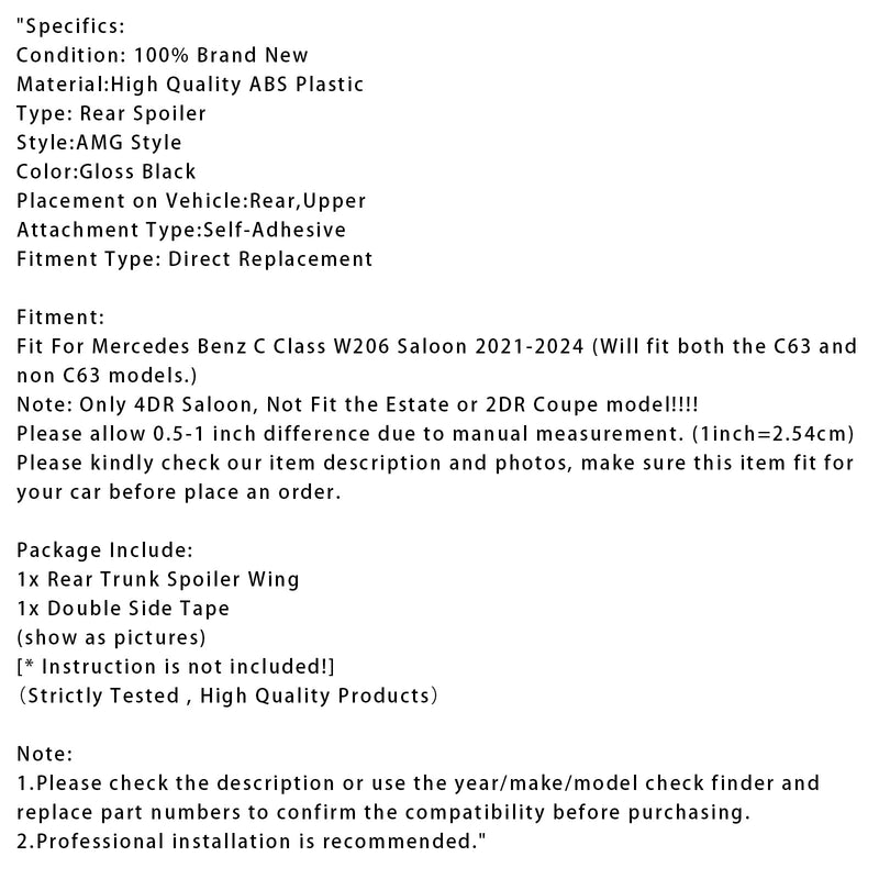 2021-2024 Mercedes-Benz C-Class W206 AMG Style Gloss Black Rear Spoiler