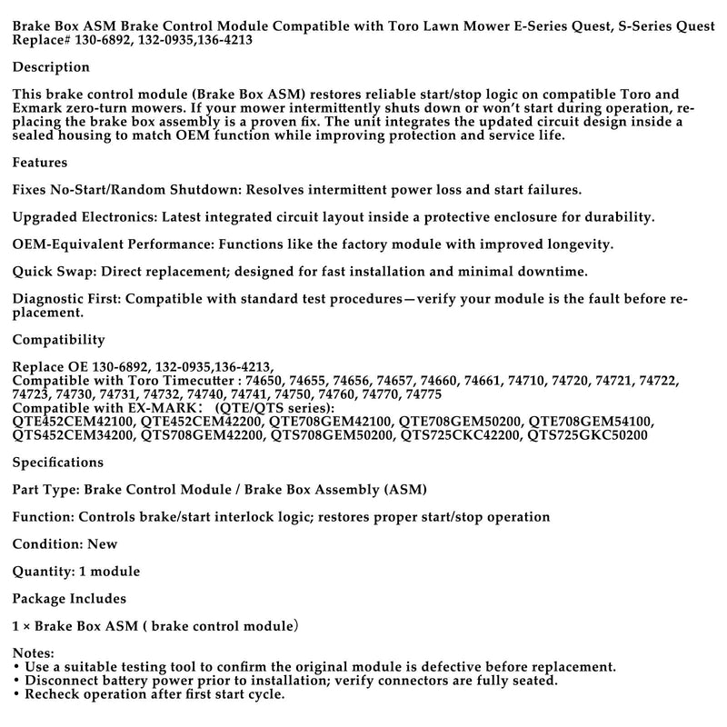 130-6892 136-4213 Bremsen-Bremssteuermodul des Bremskasten-ASM für Toro Timecutter Exmark