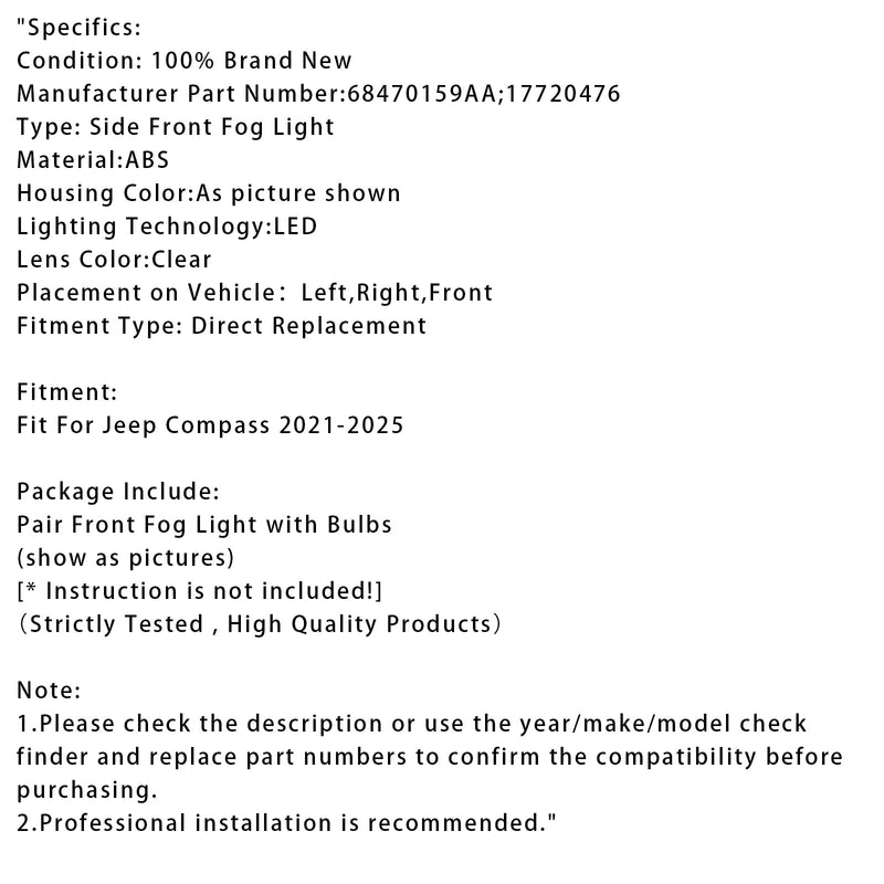 2021–2025 Jeep Compass Paar LED-Nebelscheinwerfer vorne 68470159AA