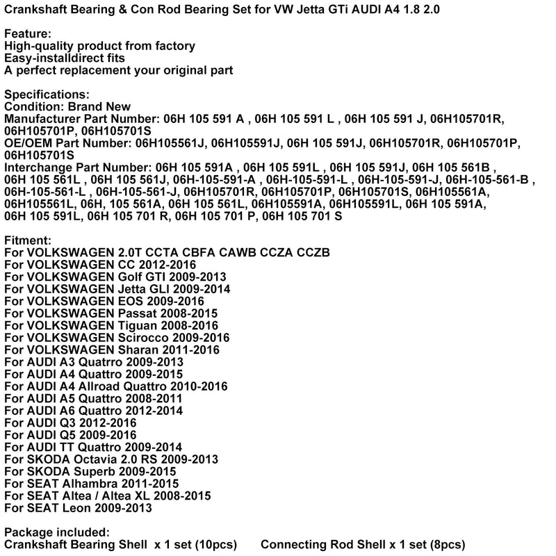 VOLKSWAGEN 2.0T CCTA CBFA CAWB CCZA CCZB Kurbelwellenlager &amp; Pleuellagersatz