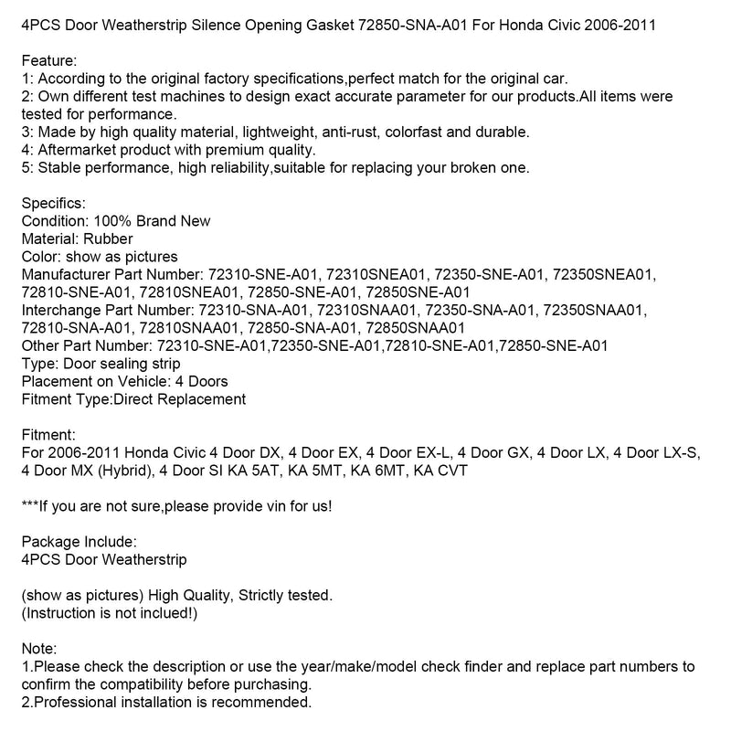2006-2011 Honda Civic Uszczelki drzwi Cicho otwierające się, opakowanie 4 sztuk