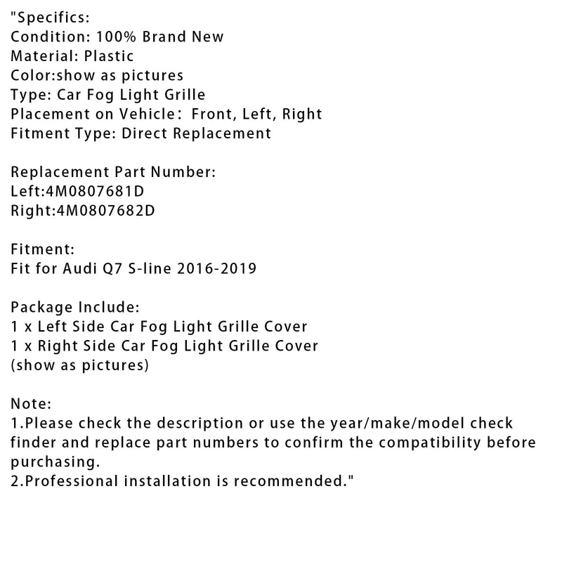 2016–2019 Audi Q7 S-line 2 x Outdoor Auto Front Bed Rod Fog světla Giller 4M0807681d 4M0807682D