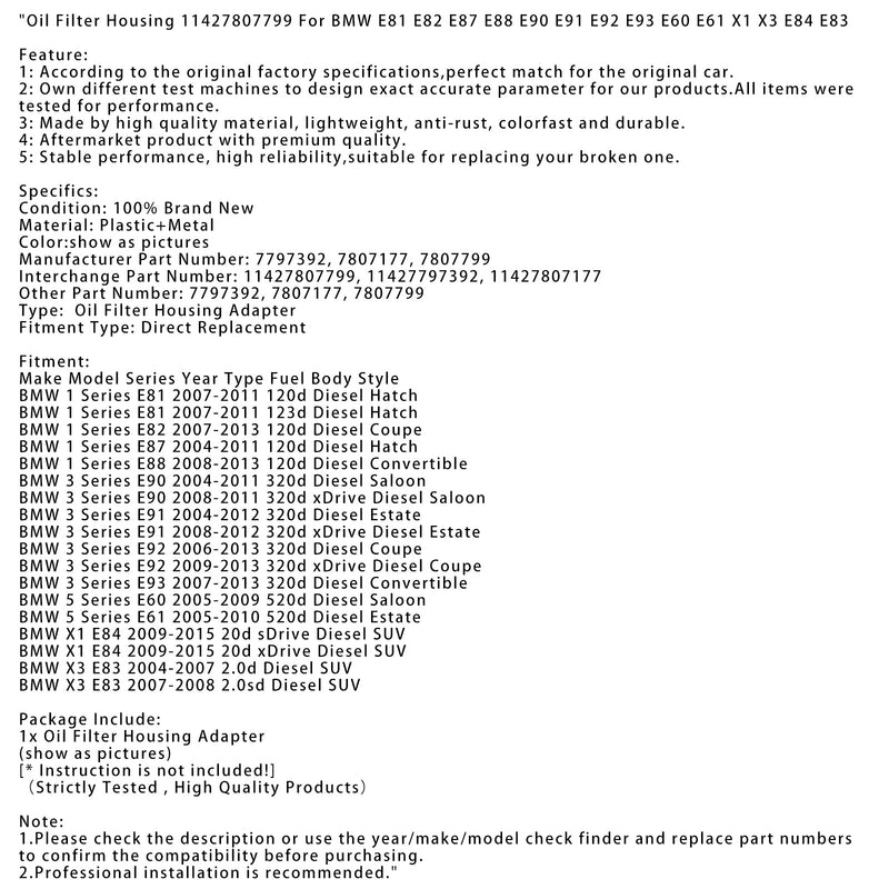 2004-2007 BMW X3 E83 2.0d Diesel SUV Ölfiltergehäuse 11427807799 7797392