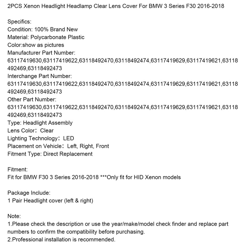 2016–2018 BMW 3er F30 2 Stück Xenon Scheinwerfer Scheinwerfer Klarglasabdeckung