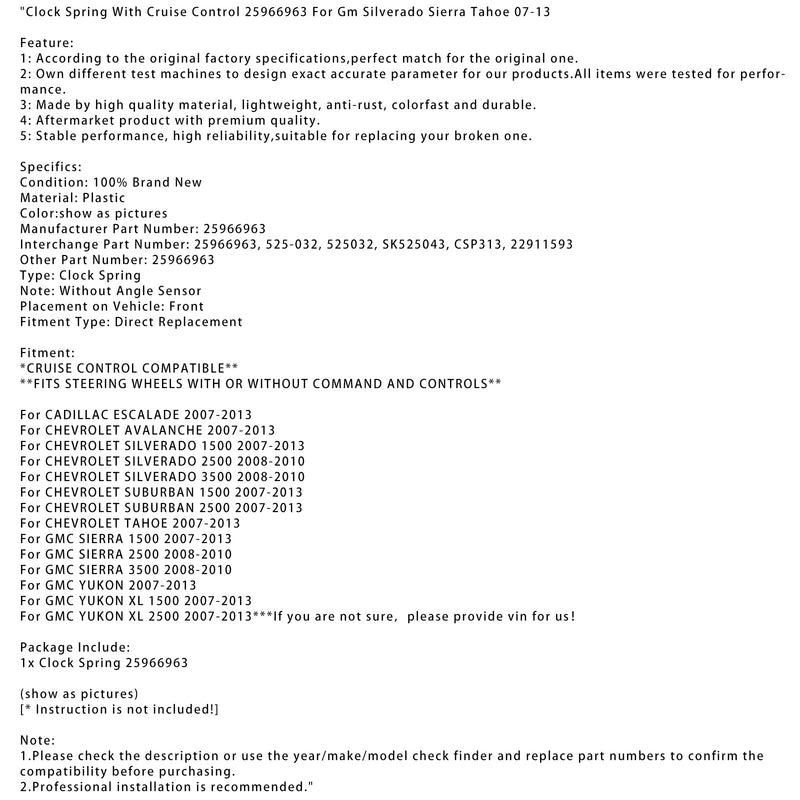 2007-2013 GMC YUKON XL 2500 Rattklokkefjær 25966963 22911593