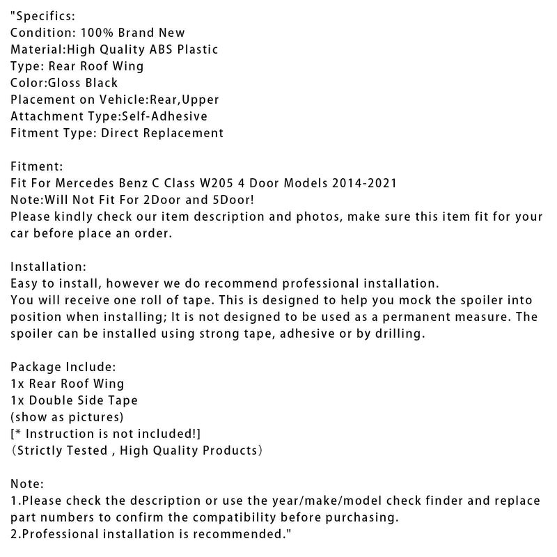 2014-2021 Mercedes-Benz C-Class W205 Gloss Black Rear Roof Wing