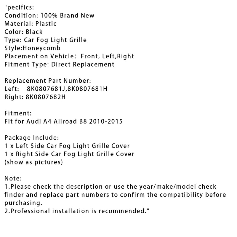2010–2015 Audi A4 Allroad B8 Base Front Base Honeycomb nevoeiro Cooler Grille Tampa preta
