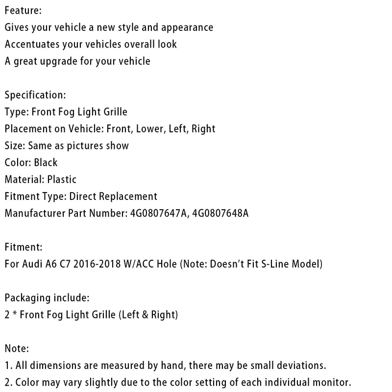 2016-2018 Audi A6 C7 ACC Hole Pair Mřížka spodního nárazníku 4G0807647A