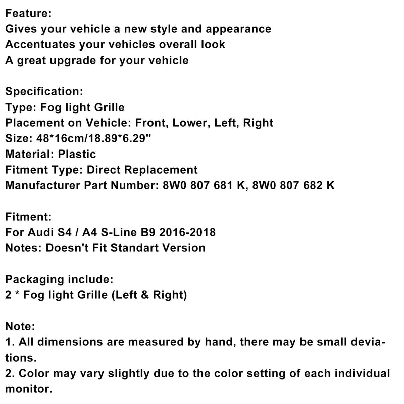 2016-2018 Audi A4 B9 S-line S4 2PCS FOG LUZES TAPE GRILE
