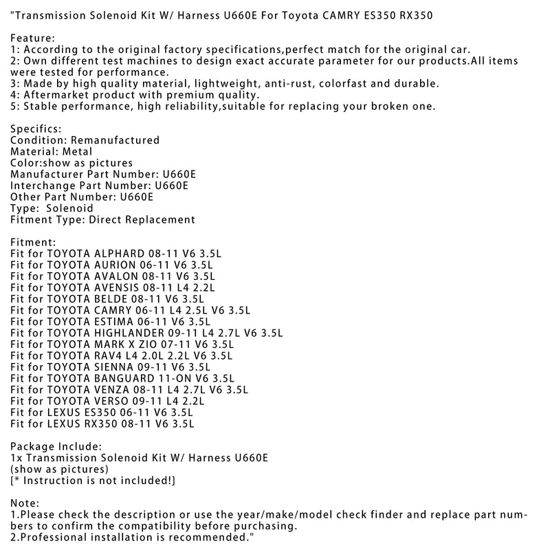 2008-2011 TOYOTA AVALON V6 3,5L växellådssolenoidsats med ledningsnät U660E