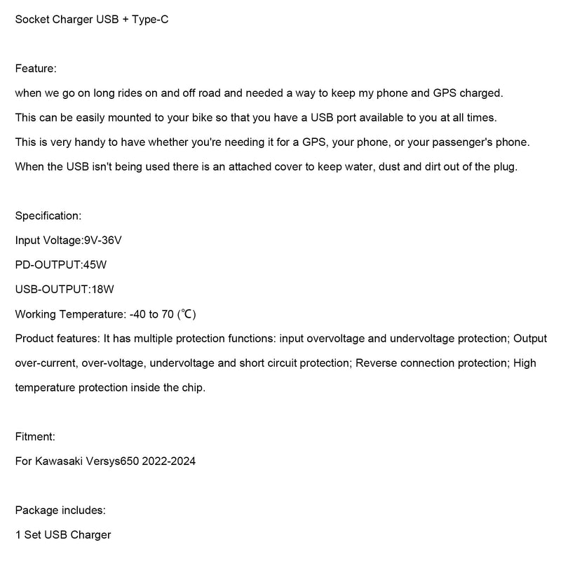 2022-2024 Kawasaki Versys 650 oikean pistorasian USB + Type-C