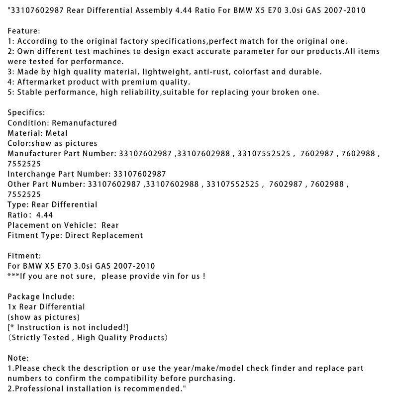 2007–2010 BMW X5 E70 3.0si GAS Hinterachsdifferential Baugruppe 4,44 Verhältnis 33107602987
