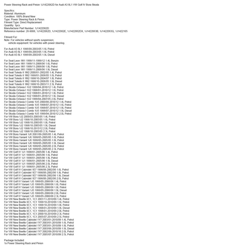 1998/10-2005/05 VW Bora 1J2 2.3L Petrol Power Steering Rack and Pinion 1J1422062D
