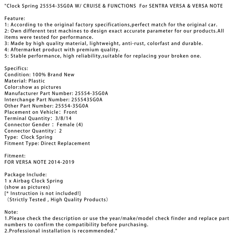 2014–2019 Sentra Versa and Versa Note bleie Fjær 25554-3SG0A med cruisekontroll og funksjoner 25554-3SG0A