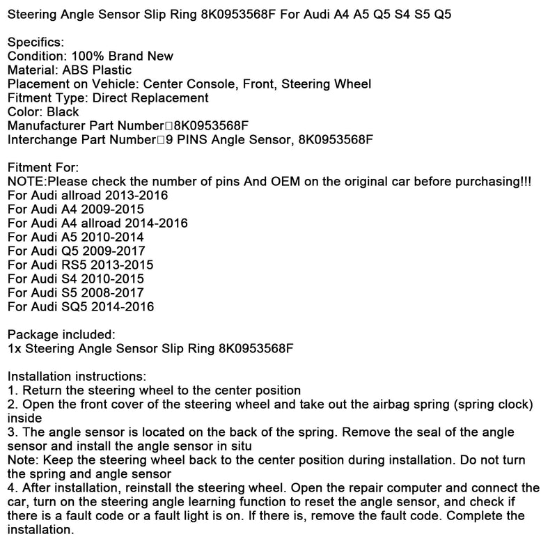 2013-2015 Audi RS5 Spiral Cable Angle Sensor Assembly 9 PINS 8K0953568F