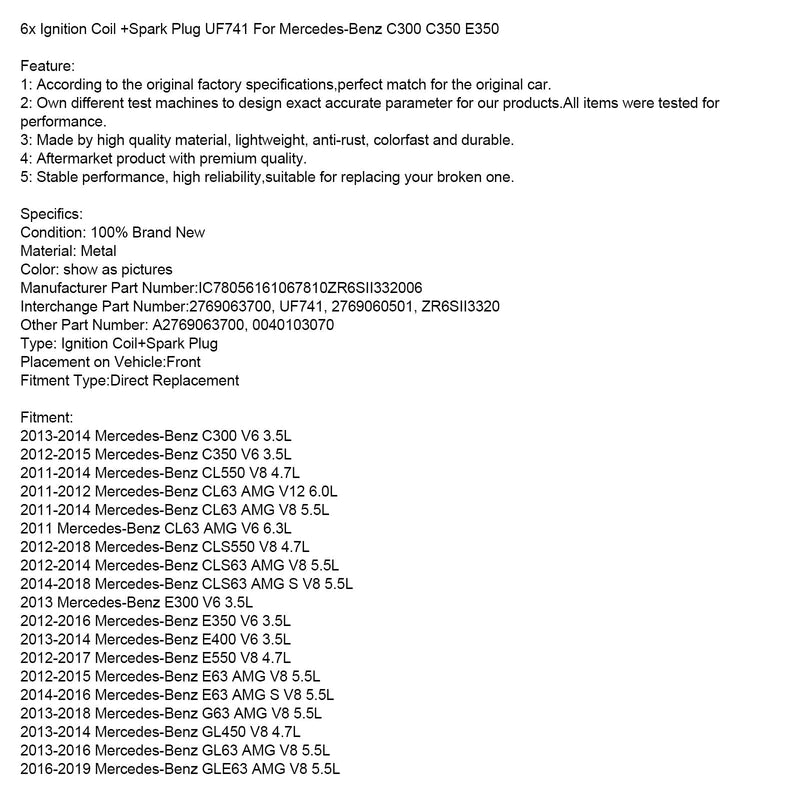 2012-2016 Mercedes-Benz E350 V6 3.5L Bobina de ignição + vela de ignição UF741 6pcs 2769063700