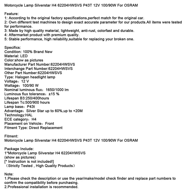Motorradlampe Silverstar H4 62204HWSVS P43T 12V 100/90W für OSRAM