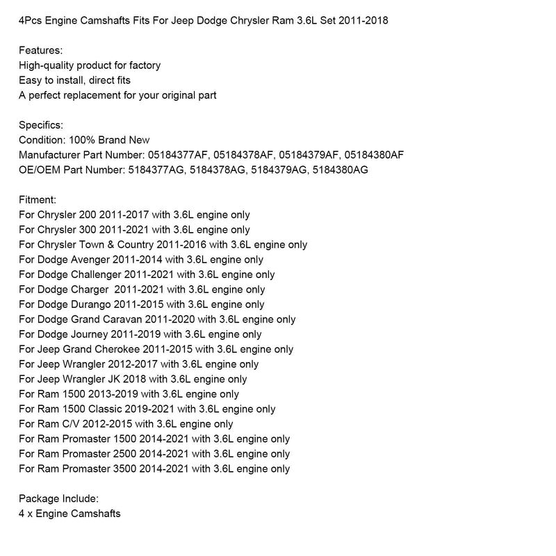 Jeep Wrangler JK 2018 z silnikiem 3,6 l. Wałki rozrządu 05184377AF, 4 sztuki