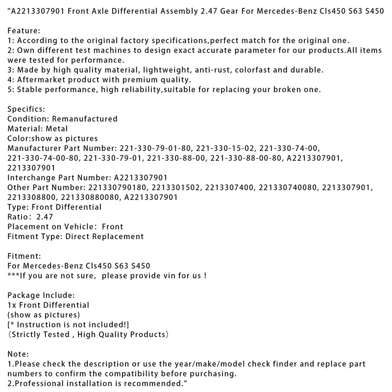 Mercedes-Benz Cls450 S63 S450 Vorderachsdifferential Montage 2,47 Gang A2213307901