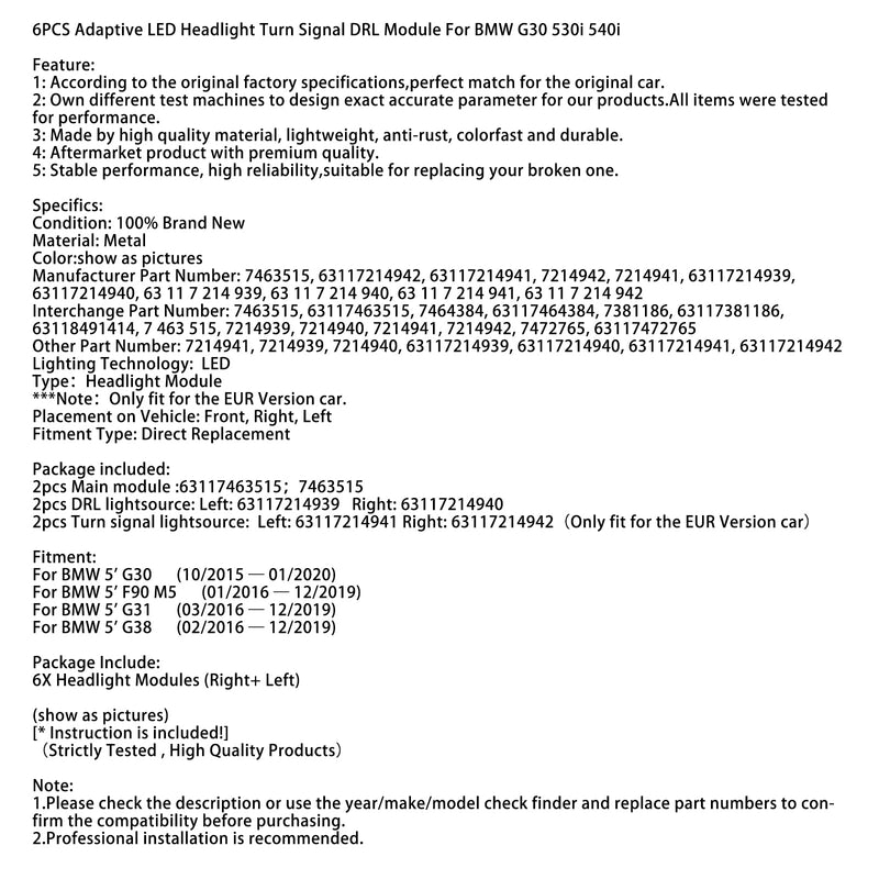 01/2016-12/2019BMW 5' F90 M5 6PCS Adaptive LED Headlight Turn Signal DRL Module 63117463515 7463515