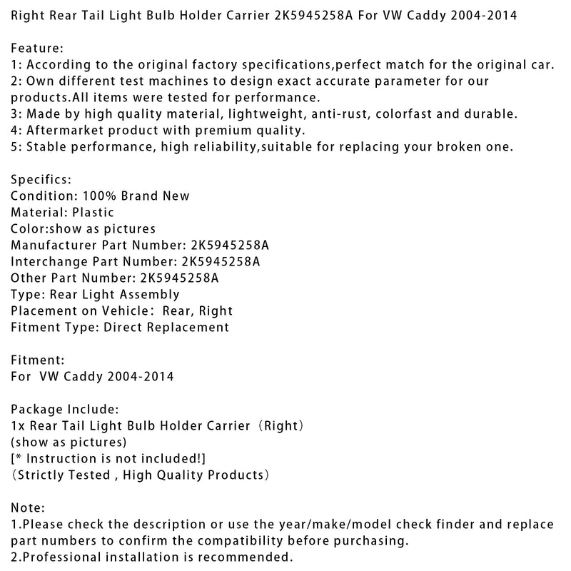 2004–2014 VW Caddy rechts hinten Rücklicht Lampenfassung Träger 2K5945258A