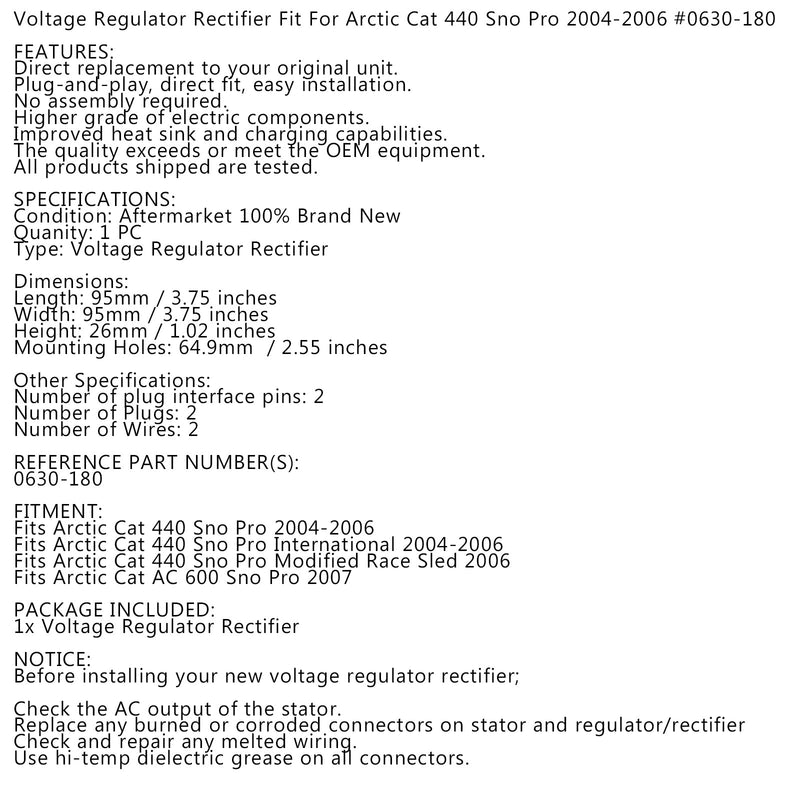 Regulador de tensão para Arctic Cat Sno Pro 440 Snowmobile 2004-2006 0630-180