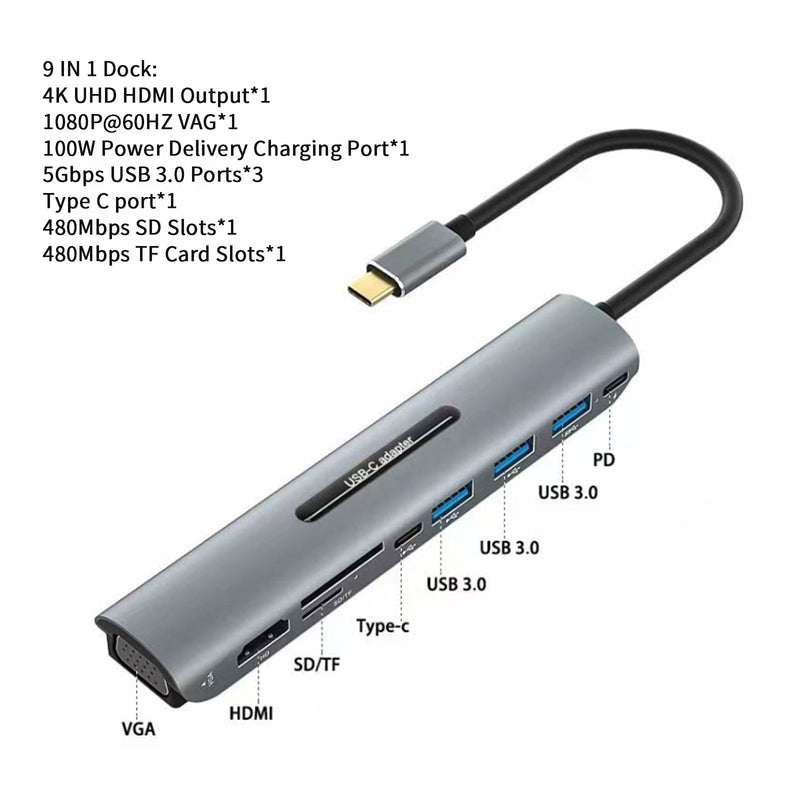 Dock Station 9 em 1 USB-C 4K HD VGA PD100W para laptops MacBook tipo C