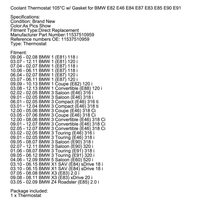 Termostat płynu chłodzącego 105°C z uszczelką do BMW E82 E46 E84 E87 E83 E85 E90 E91 Generic