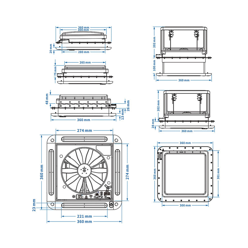 11" Husbilsfläkt takventilation Rv-fläkt 12V takfönster med LED-ljus