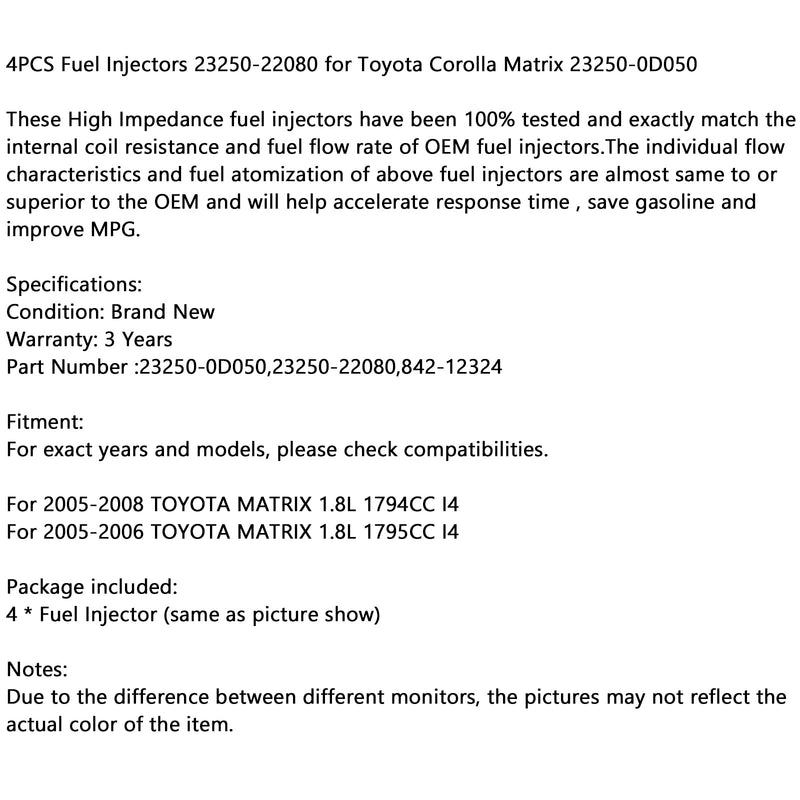 Juego de 4 inyectores 23250-22080 para Toyota Corolla Matrix 23250-0D050 Genérico