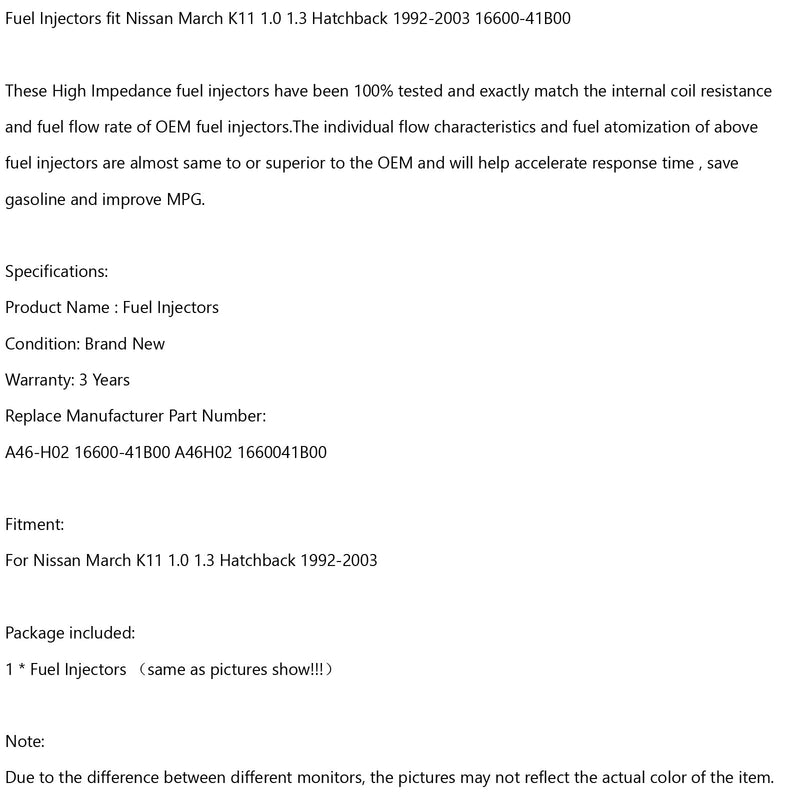 1 Uds inyectores de combustible adecuados para Nissan March K11 1,0 1,3 Hatchback 92-03 16600-41B00 genérico