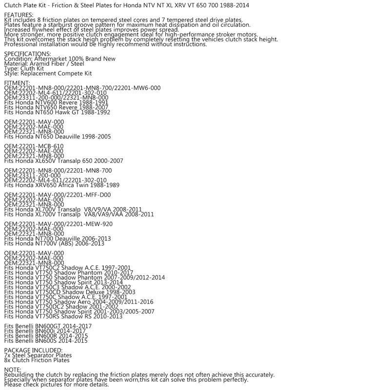 Clutchsett stål og friksjonsplater for Honda ntv nt xl xrv vt 650 700 1988-2014