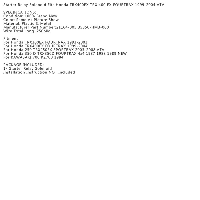 Käynnistysrele Solenoidi Sopii Honda TRX300EX TRX 300 EX Fourtrax 1993-2003 ATV UUSI Generic