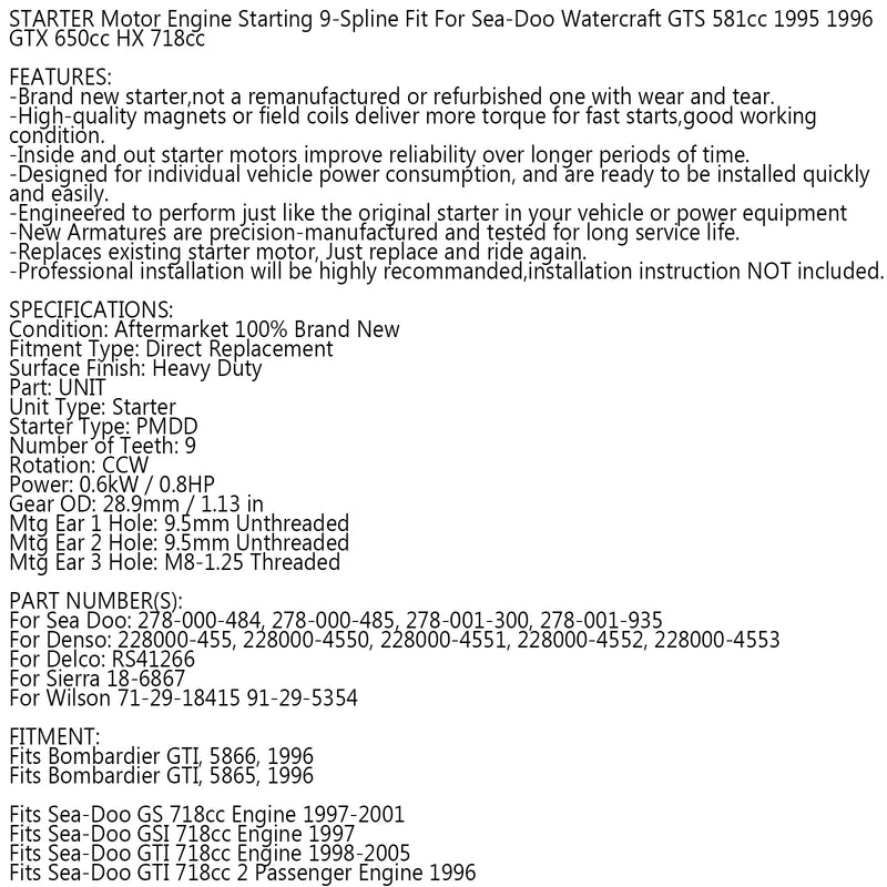 Starter Sea-Doo GT GTI GTS GTX HX SP SPI SPX XP 580 587 650 657 717 718 720 Generic