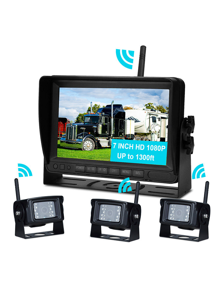 Kit de câmera de backup sem fio 3CH Display AHD 1080P de 7 polegadas para reboque de caminhão