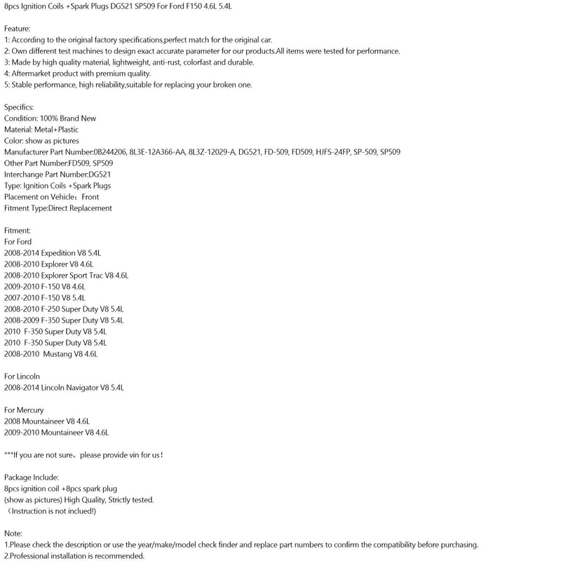 2008-2009 Ford F-250 F-350 Super Duty V8 5.4L 8kpl sytytyspuolat + sytytystulpat DG521 SP509 Fedex Express