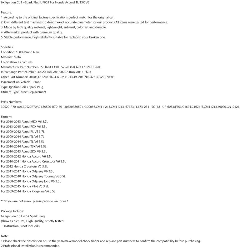 2008-2010 Honda Odyssey EX-L V6 3.5L sytytyspuola + sytytystulppa UF603 5C1681 6kpl