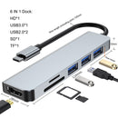 6 em 1 USB-C Tipo C Saída HD 4K USB 3.0 HD Adaptador HUB Doca multifuncional