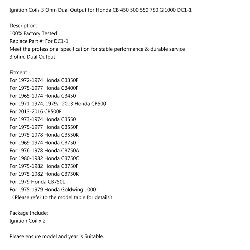 2PCS Zündspulen 3 Ohm Dual-Ausgang für Honda cb 500 550 750 GL1000 DC1-1 Generic