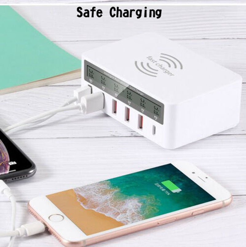 Multiport Quick USB Charger Station med trådlös laddningsplatta LCD-display EU