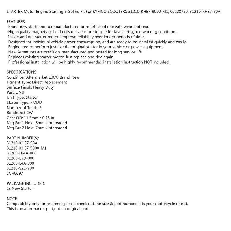 NY STARTARNA lämplig för KYMCO SCOOTER 31210-KHE7-9000-M1, 00128750, 31210-KHE7-90A Generic