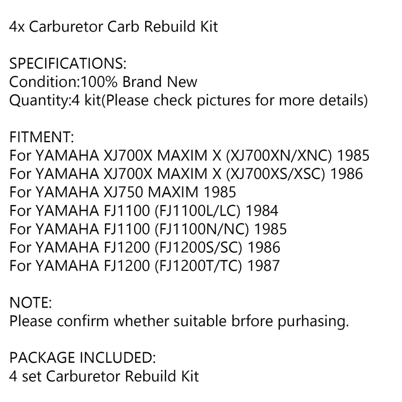 4 conjuntos de kit de reparo do carburador para Yamaha XJ700 Maxim X 700 XJ750 FJ1100 FJ1200 genérico