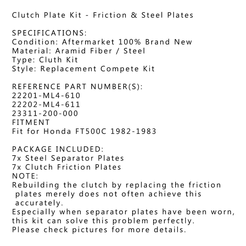 Kupplungssatz Stahl &amp; Reibscheiben passend für Honda 22201-ML4-610 FT500C 1982-1983 Generic